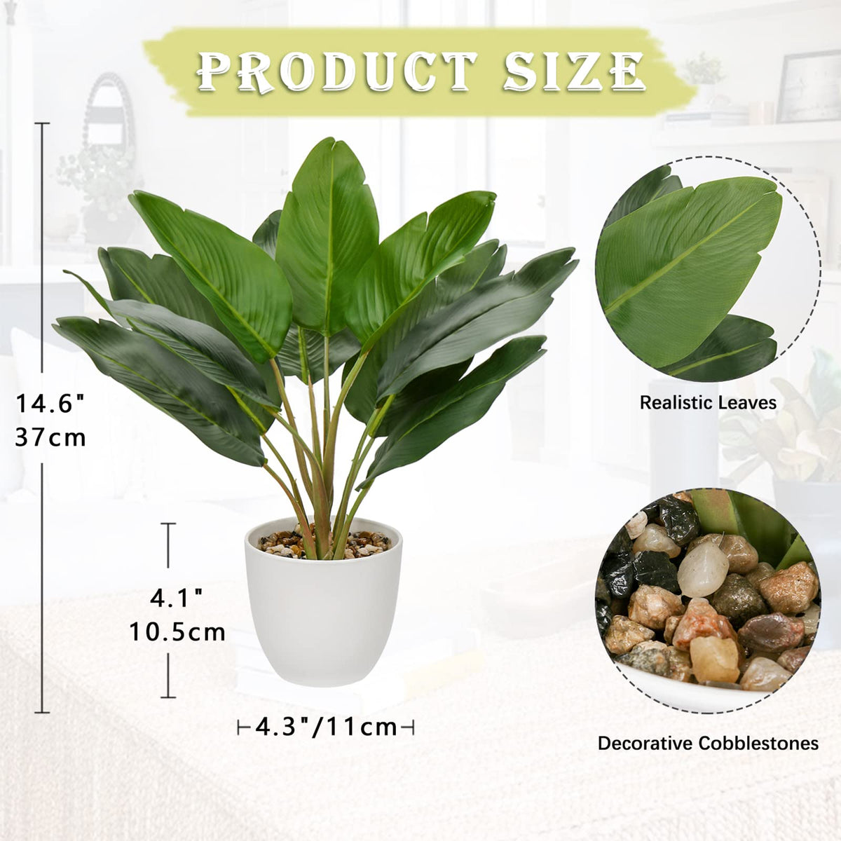 Hollyone Artificial Bird of Paradise Plant in Pot, Fake Palm Tropical Potted Plant 15" Faux Plantain Banana Leaf Plant for Indoor Outdoor Home Desk Office Garden Decoration