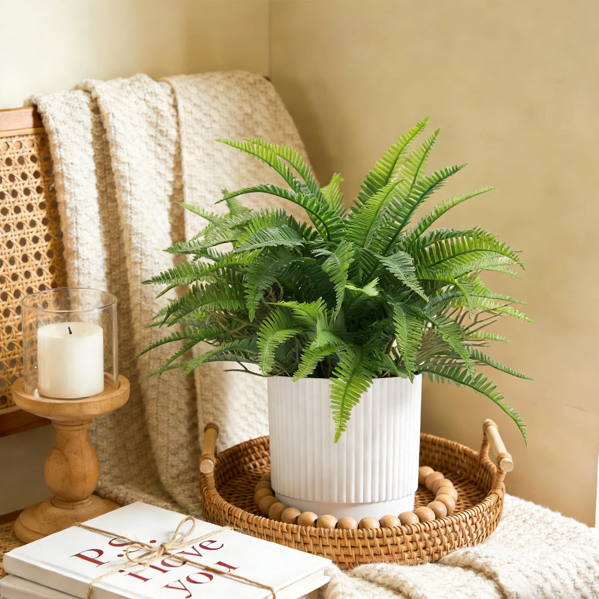 Coferset Realistic Small Fake Fern Plant with White Plastic Pot,Green