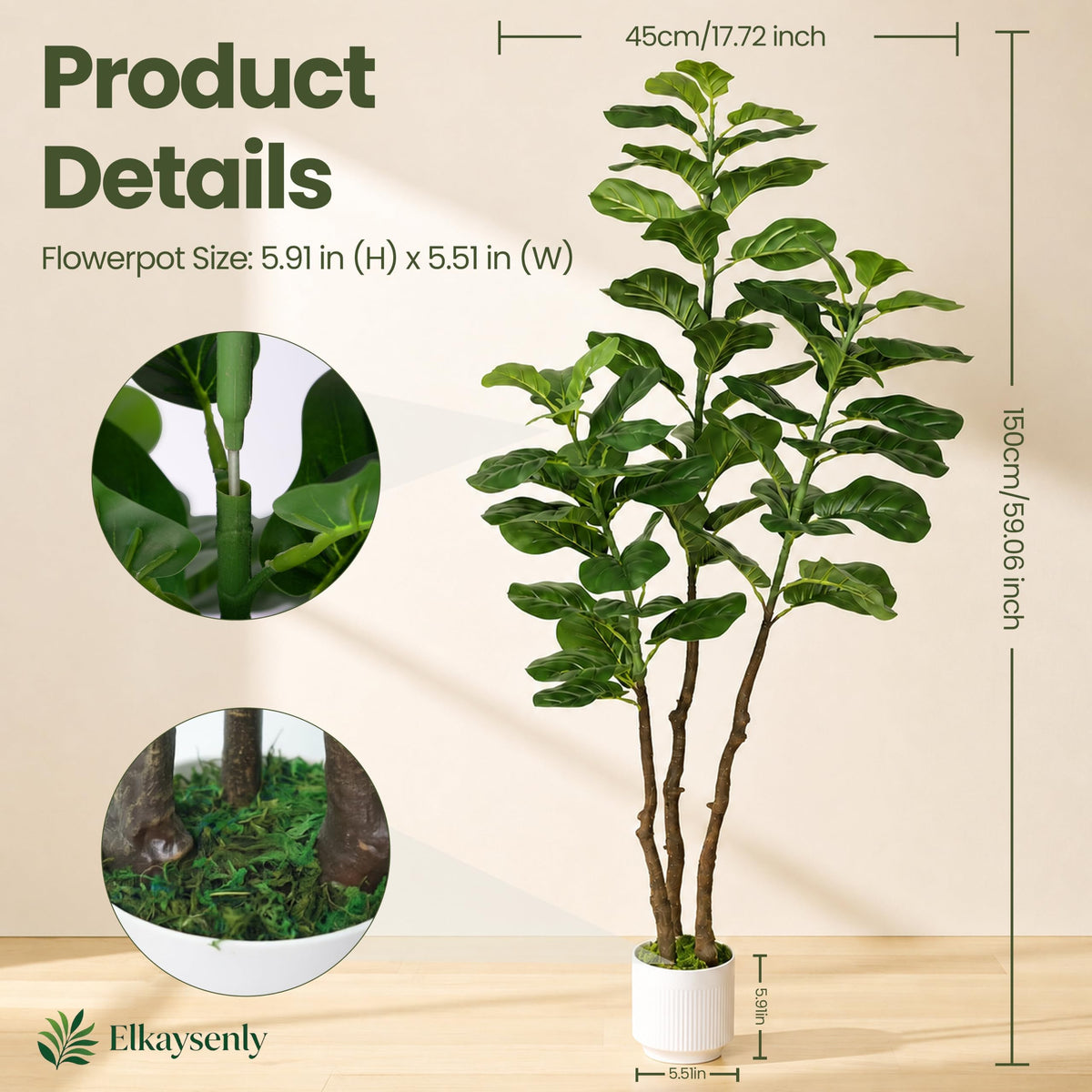 Elkaysenly 5FT Faux Fiddle Leaf Fig Tree with White Planter, Indoor Plant