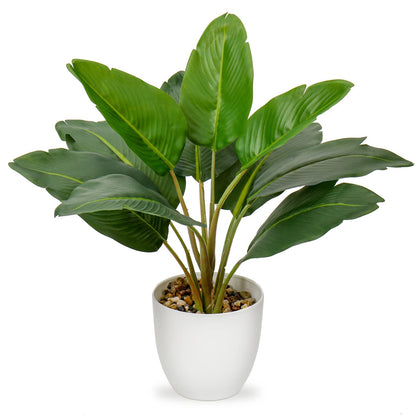 Hollyone Artificial Bird of Paradise Plant in Pot, Fake Palm Tropical Potted Plant 15" Faux Plantain Banana Leaf Plant for Indoor Outdoor Home Desk Office Garden Decoration