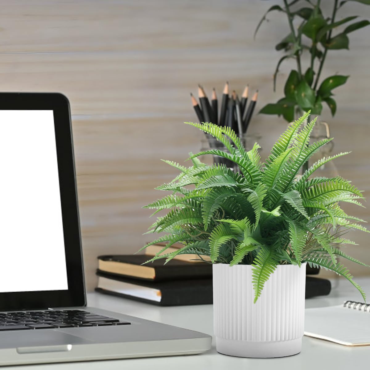 Coferset Realistic Small Fake Fern Plant with White Plastic Pot,Green