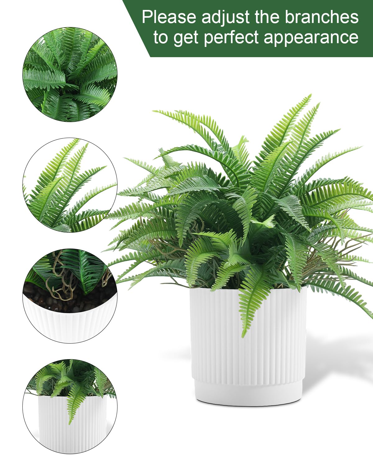 Coferset Realistic Small Fake Fern Plant with White Plastic Pot,Green