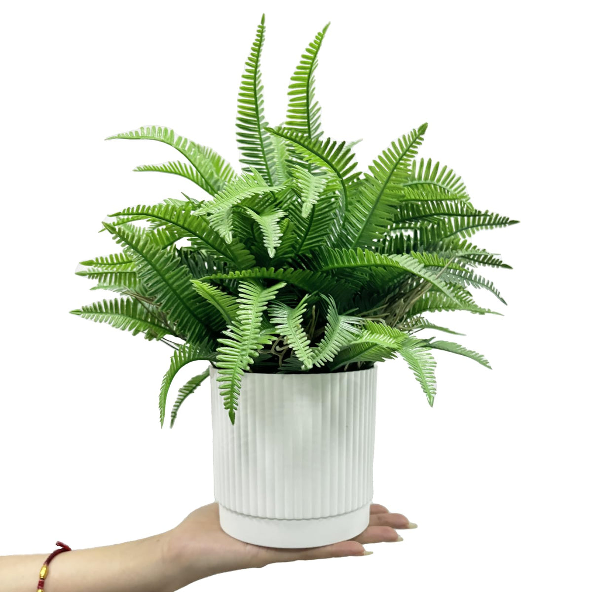 Coferset Realistic Small Fake Fern Plant with White Plastic Pot,Green