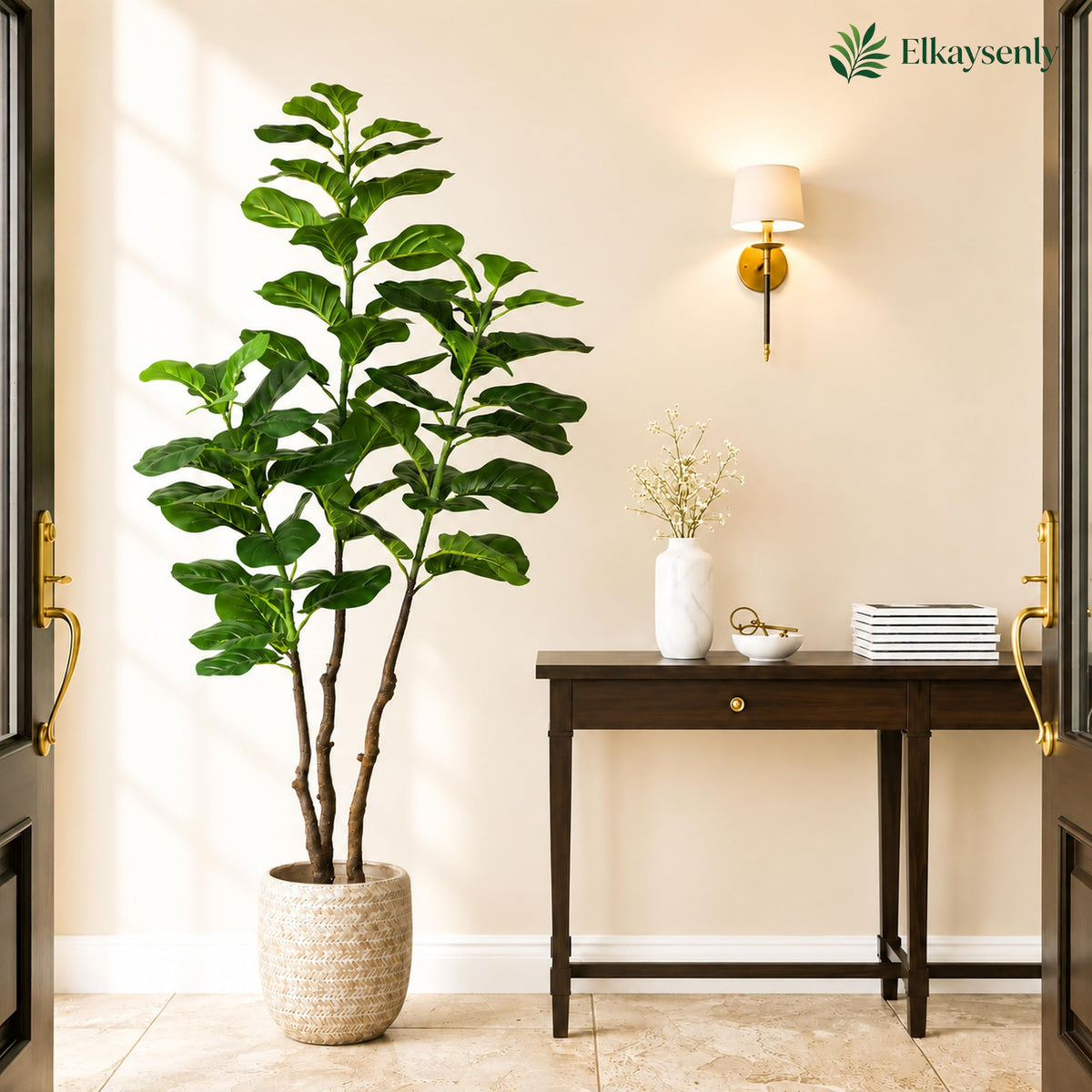 Elkaysenly 5FT Faux Fiddle Leaf Fig Tree with White Planter, Indoor Plant