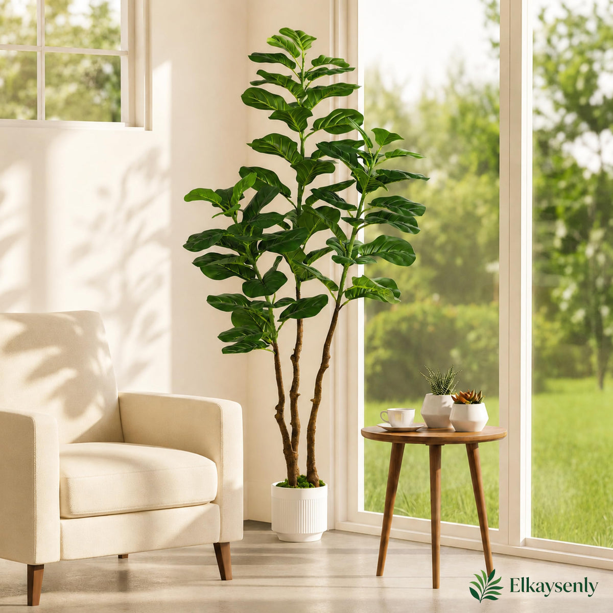 Elkaysenly 5FT Faux Fiddle Leaf Fig Tree with White Planter, Indoor Plant