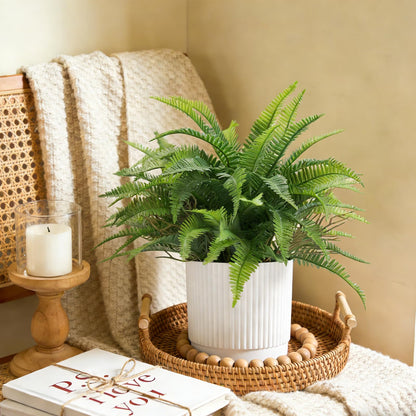 Coferset Realistic Small Fake Fern Plant with White Plastic Pot,Green